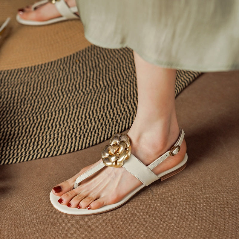 Sheepskin Preppy Style Flip-toe Flat With Flower Open Toe Women's Sandals