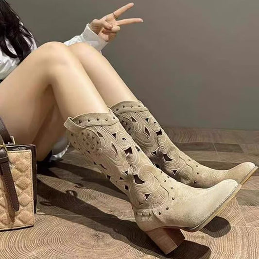 Fashion Middle Chunky Heel V Cut Embroidery Hollow Out Western Cowboy Boot