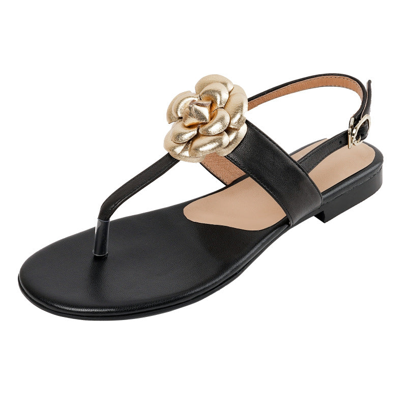 Sheepskin Preppy Style Flip-toe Flat With Flower Open Toe Women's Sandals